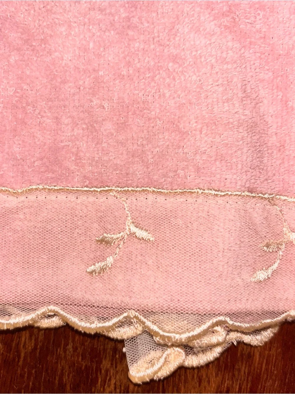 Vintage made in the USA pastel pink towel set Ecru lace trim floral unused